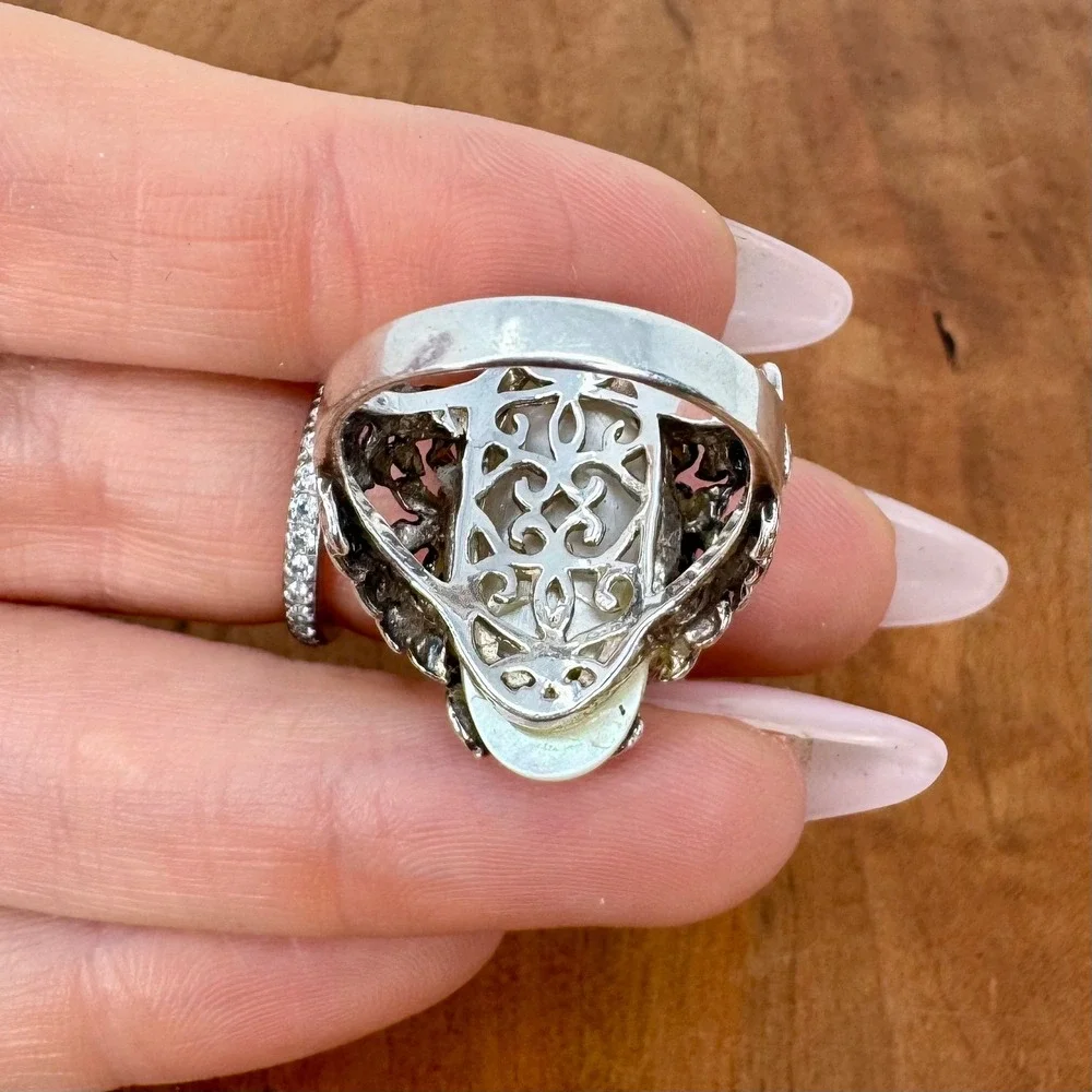 Sterling Silver Floral Filigree Ring with Mother of Pearl CFT Thailand Size 7